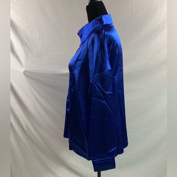 Button Front Drop Shoulder Satin Blouse Blue - Picture 8 of 9